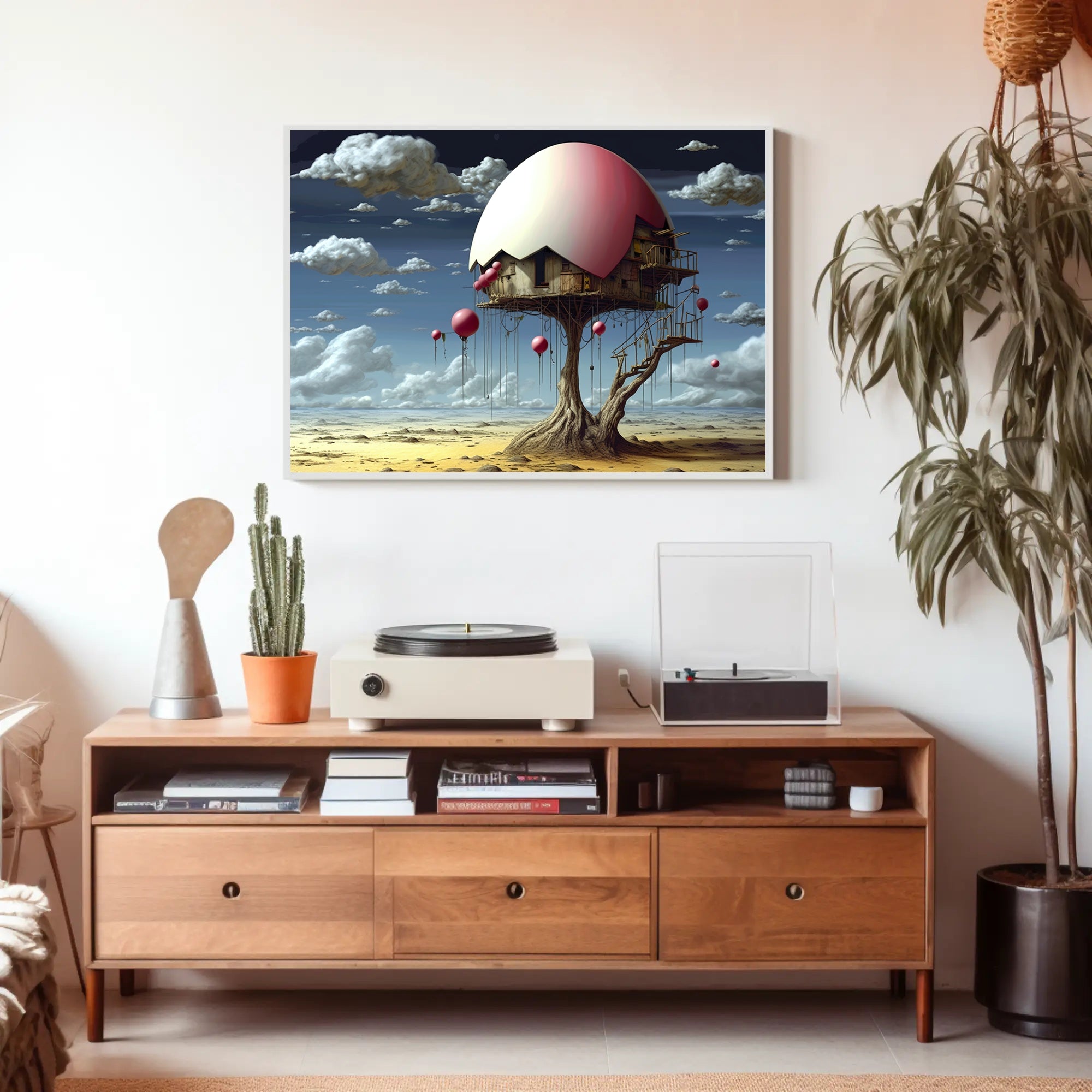 Surreal Desert House with Whimsical Balloons Artistic Poster