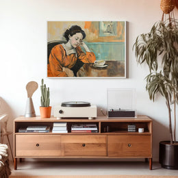 Contemplative Woman in Orange Dress Art Poster