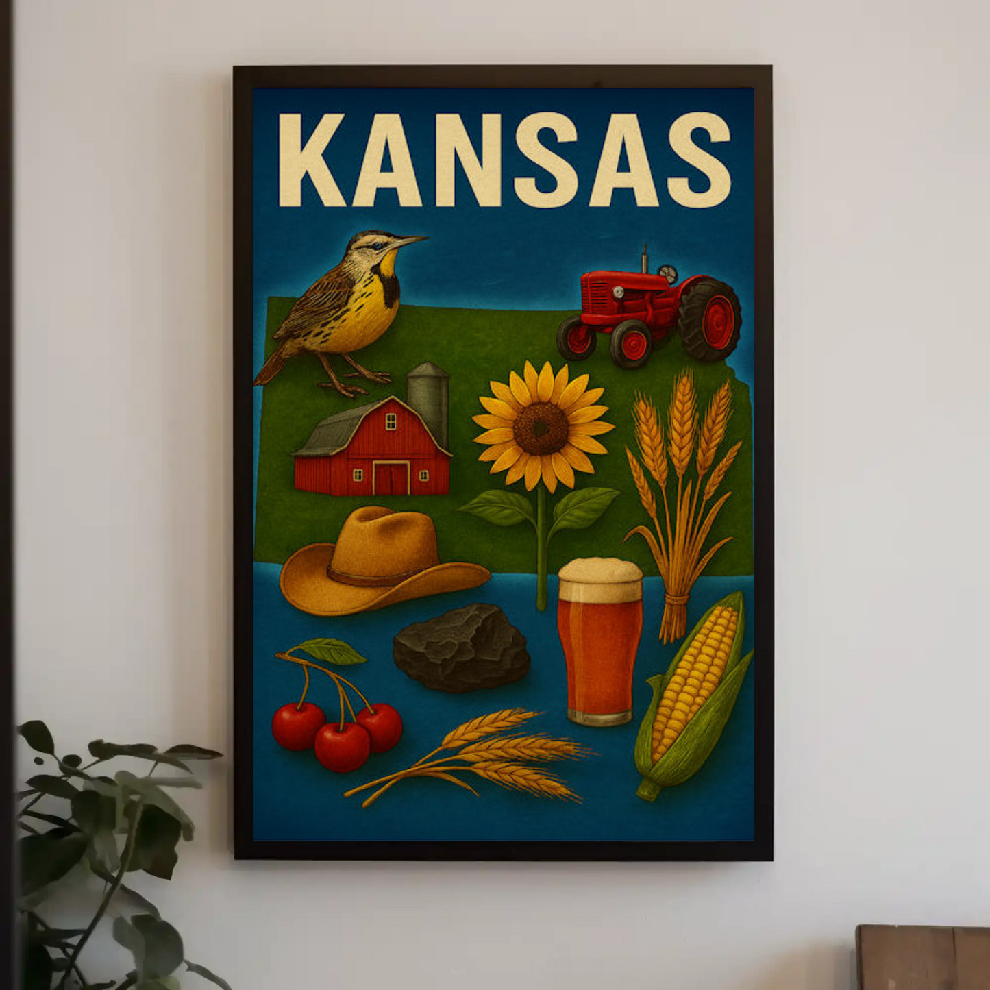 Kansas State Symbols Agriculture Sunflower Tractor Poster Poster