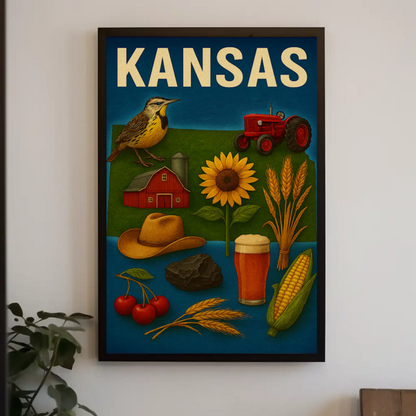 Kansas State Symbols Agriculture Sunflower Tractor Poster Poster