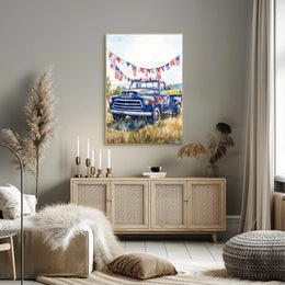 pickup truck parked in a sunny field Poster