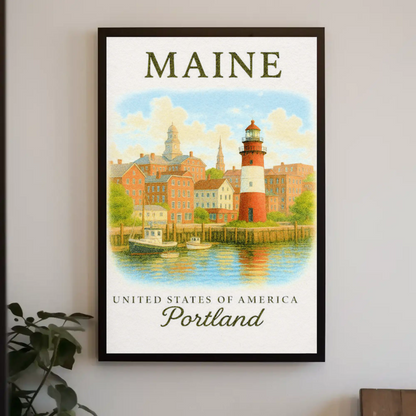 Portland Maine Historic Lighthouse Waterfront Scene Poster
