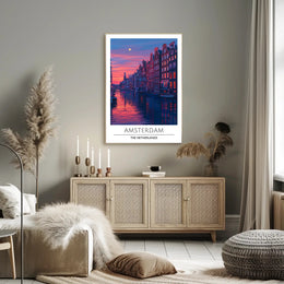 Amsterdam Evening Canal Scene: Urban or Cityscape Poster
