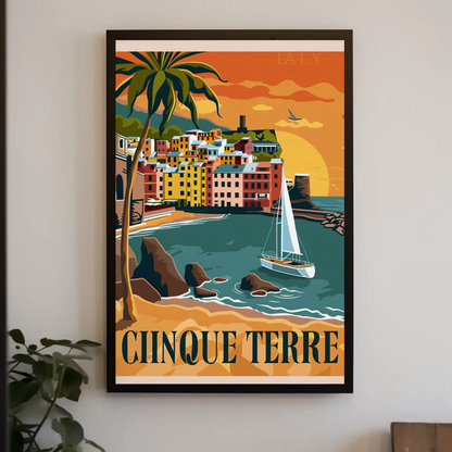 Cinque Terre Italy Vibrant Sunset Harbor Travel Poster