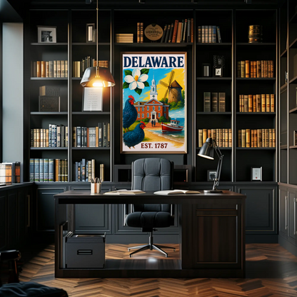 Delaware 1787 Poster With Windmill And Chickens Vintage Travel Poster