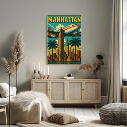 Vibrant Manhattan Skyline Art-Deco Travel Poster