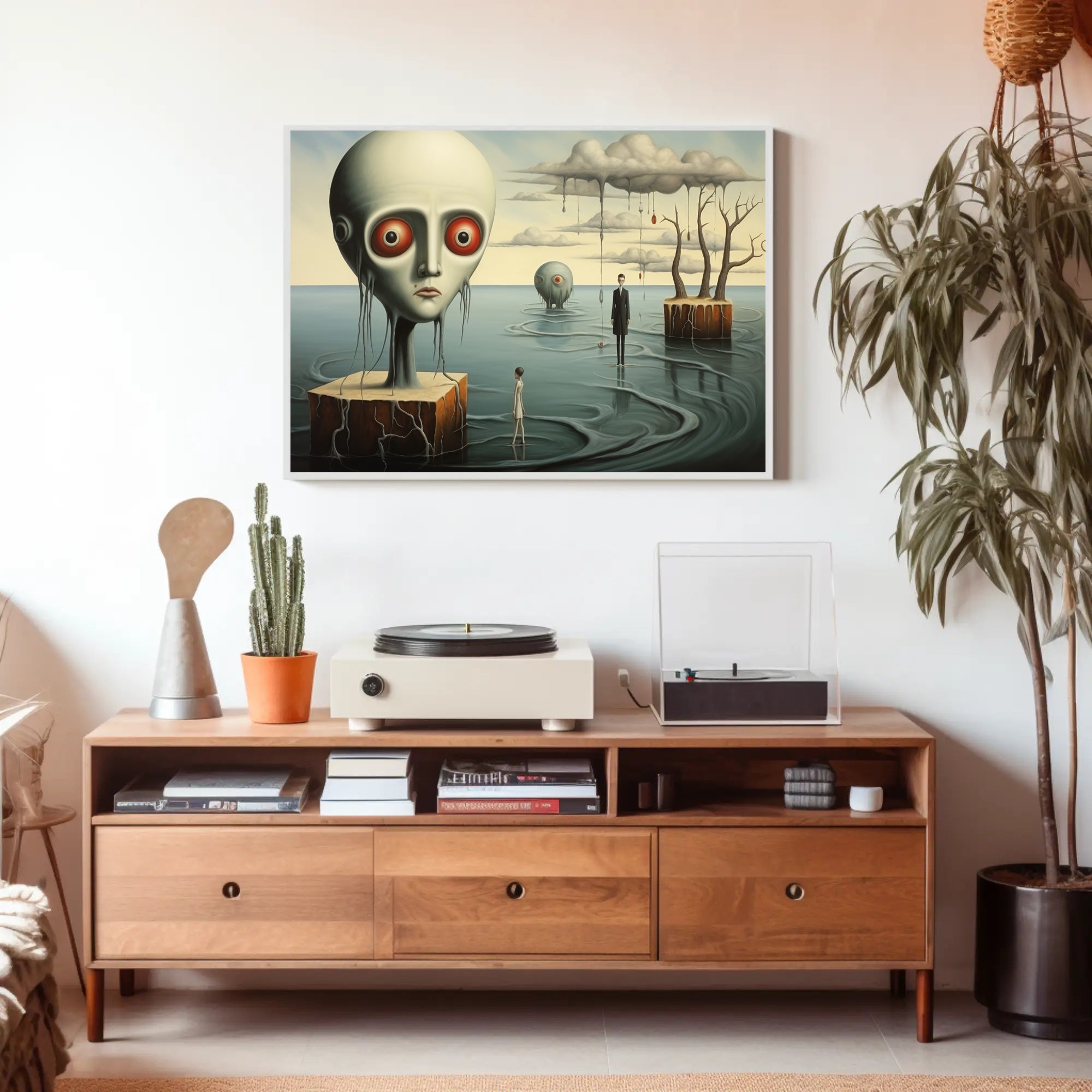 Dreamlike Landscape with Surreal Figures: Futuristic Sci-Fi Poster