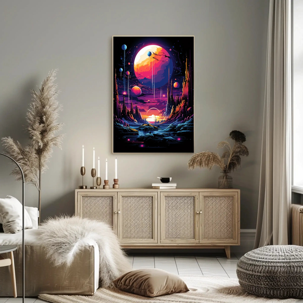 The poster features a vibrant and surreal sci-fi landscape. The core subject is Travel Poster