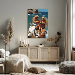 Beach Glamour: Vibrant Dolls on Scooter Travel Poster PosterGoat