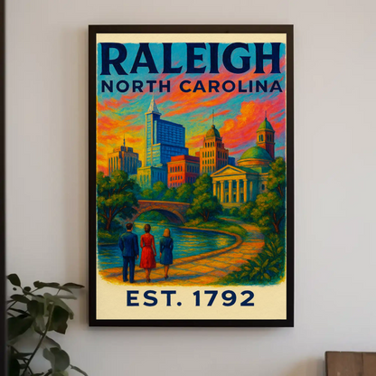 Raleigh North Carolina Skyline River Sunset Travel Poster