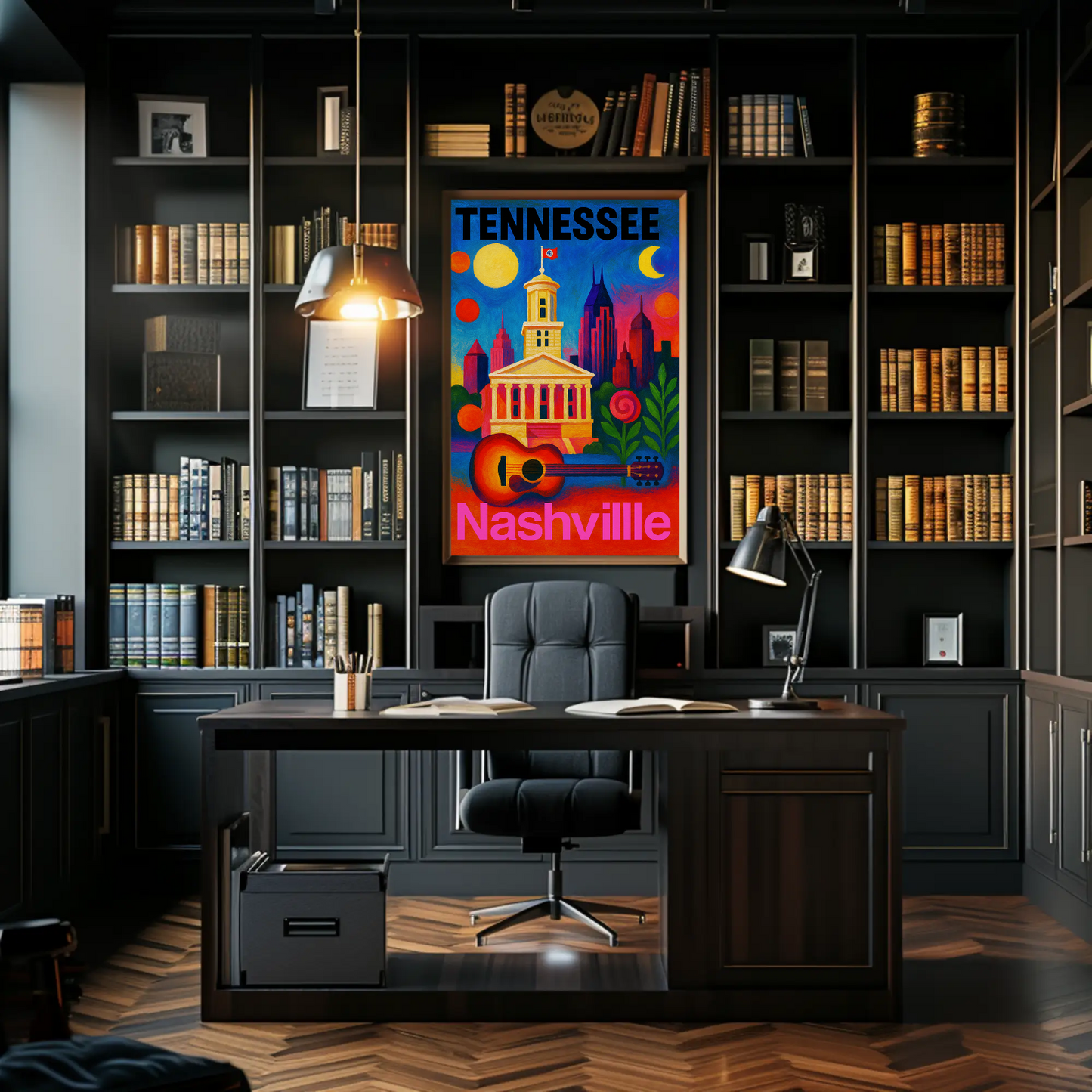 Tennessee Nashville Capitol Guitar Music City Vintage Travel Poster