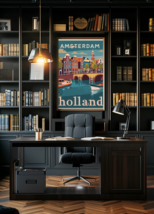 Amsterdam Holland Autumn Canal Houses Vintage Travel Poster