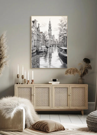 Amsterdam Canal Scene Vintage Illustration Travel Poster