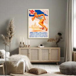 Soviet Propaganda Style Poster Celebrating Athletic Spirit