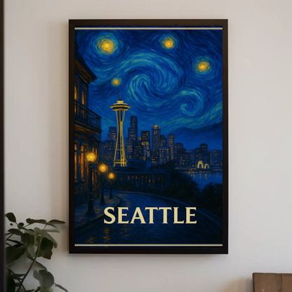 Seattle Space Needle Starry Night Skyline Glow Travel Poster
