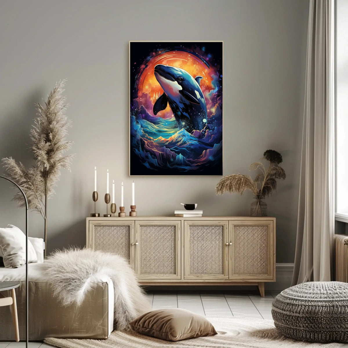 Whale in Cosmic Waves: Surreal Art Poster