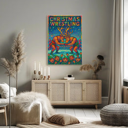 Reindeer Wrestling Festive Poster: Whimsical Holiday Art