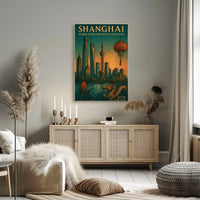 Shanghai Skyline Fusion: Vintage Urban or Cityscape Poster