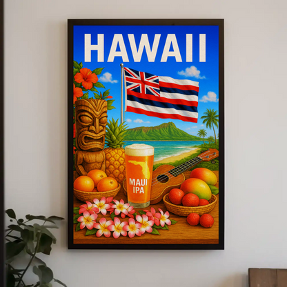 Hawaii Flag Fruits Tiki Beer Music Travel Poster