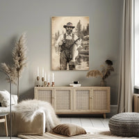 Vintage Fisherman Proudly Holds Large Bass Fishing Poster
