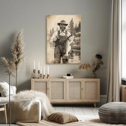 Vintage Fisherman Proudly Holds Large Bass Fishing Poster