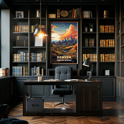Denver Autumn Meadow Skyline Vintage Travel Poster