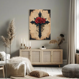 Gothic Cross with Red Roses Artistic Wall Decor Poster