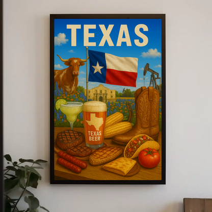 Texas Icons Food Flag Boots Beer Travel Poster