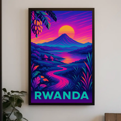 Rwanda Neon Night Valley Sunset Travel Poster