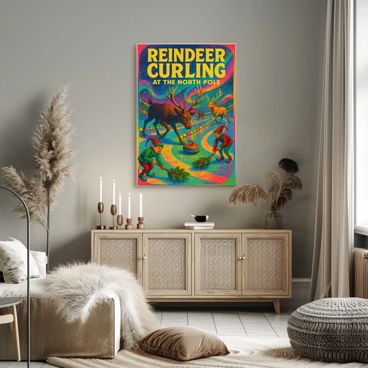 Reindeer Curling at the North Pole Poster