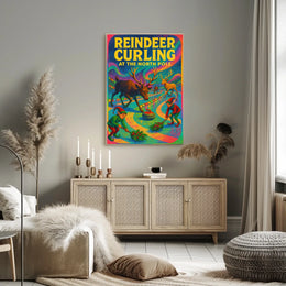 Reindeer Curling at the North Pole Poster