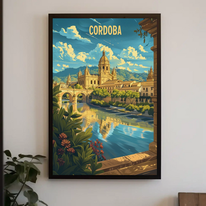 Cordoba Bridge and Cathedral Scenic River Travel Poster