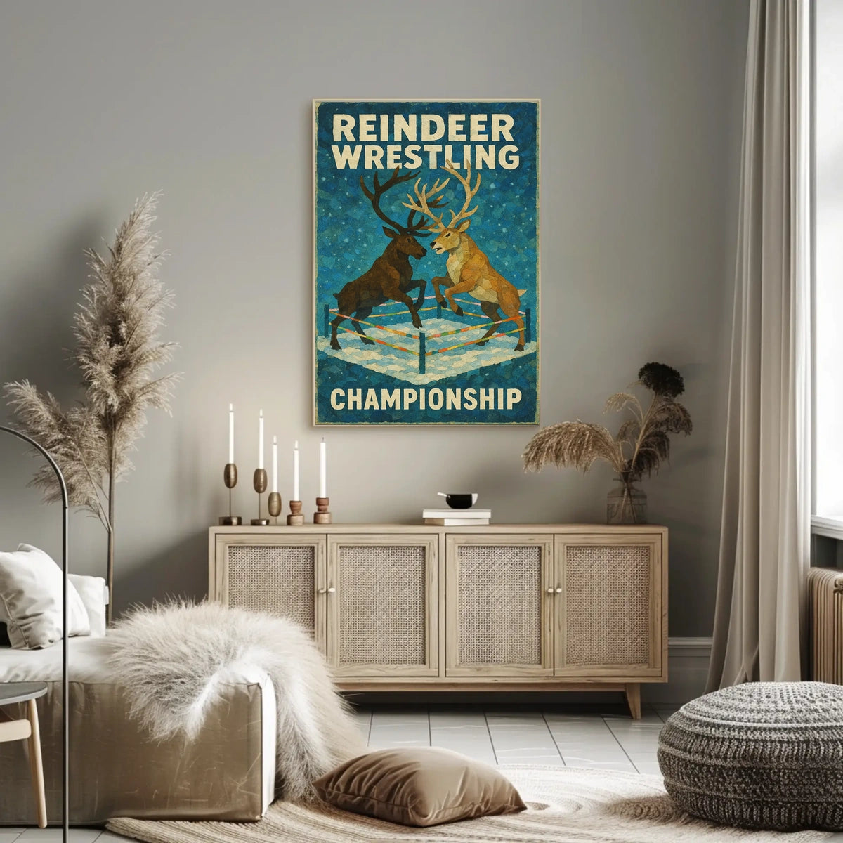 The poster titled "Reindeer Wrestling Championship" depicts an imaginative and playful scene featuring Travel Poster