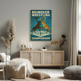 The poster titled "Reindeer Wrestling Championship" depicts an imaginative and playful scene featuring Travel Poster