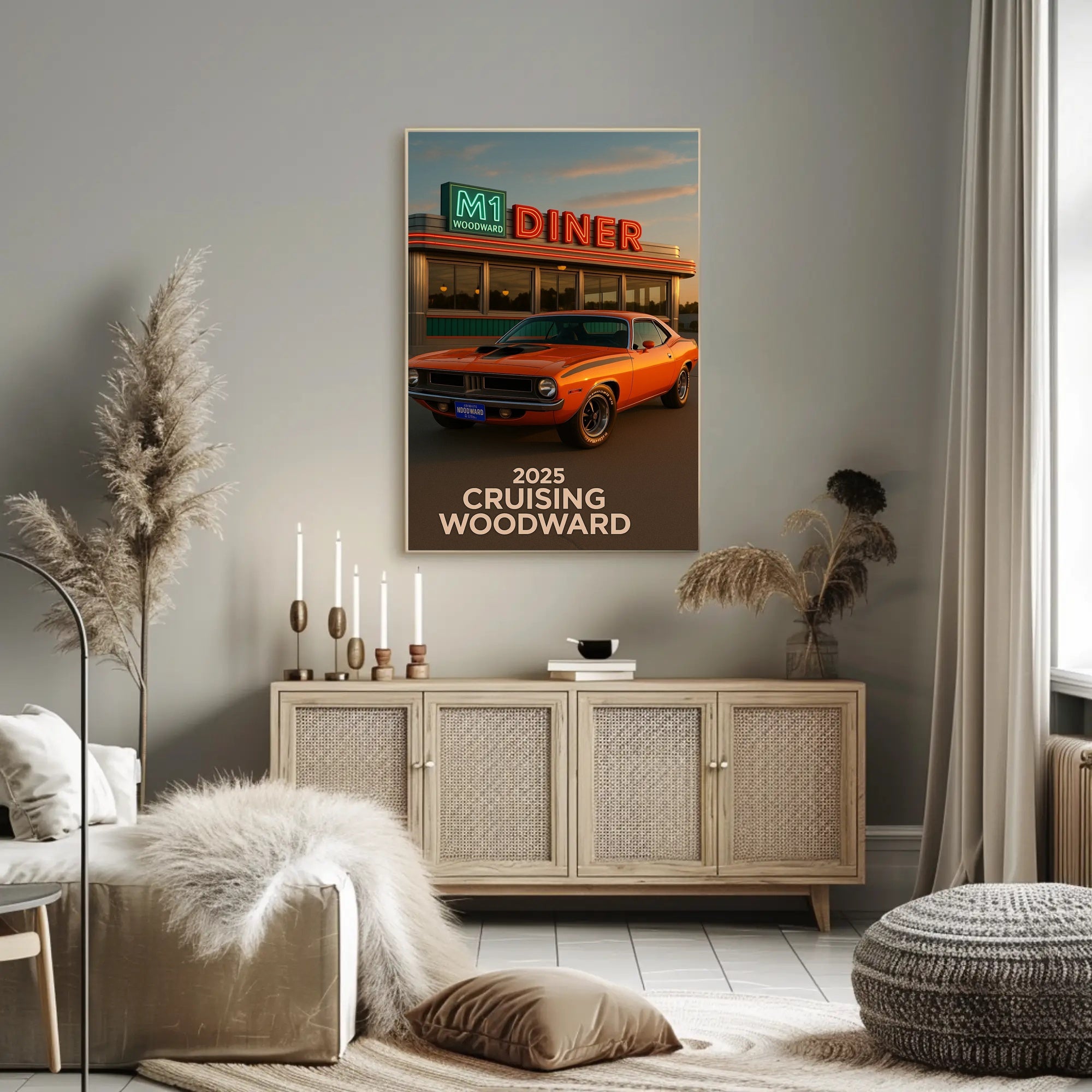 Classic Muscle Car and Diner Scene Retro Travel Poster
