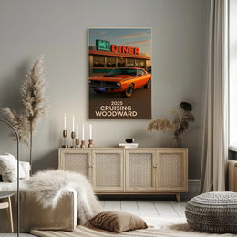 Classic Muscle Car and Diner Scene Retro Travel Poster