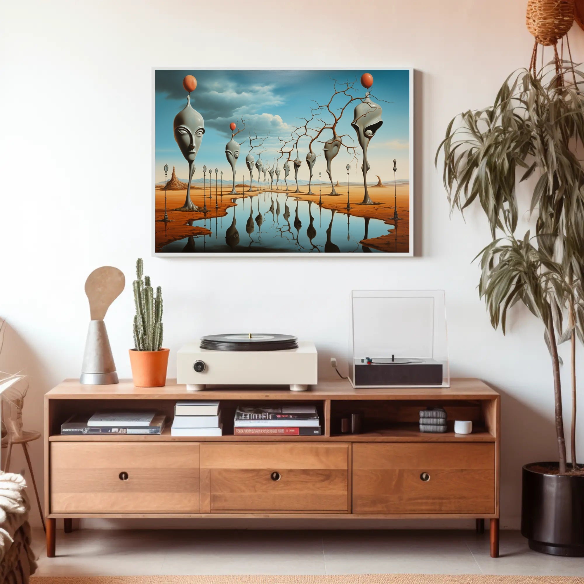 Surrealistic Landscape with Elongated Sculptures Artistic Poster