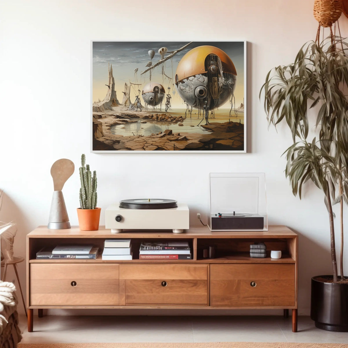 Futuristic Machines in a Surreal Desert Landscape Poster