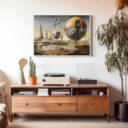 Futuristic Machines in a Surreal Desert Landscape Poster