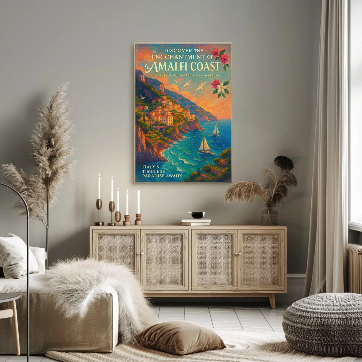 Amalfi Coast Impressionist Art Poster: Vibrant Mediterranean Scene