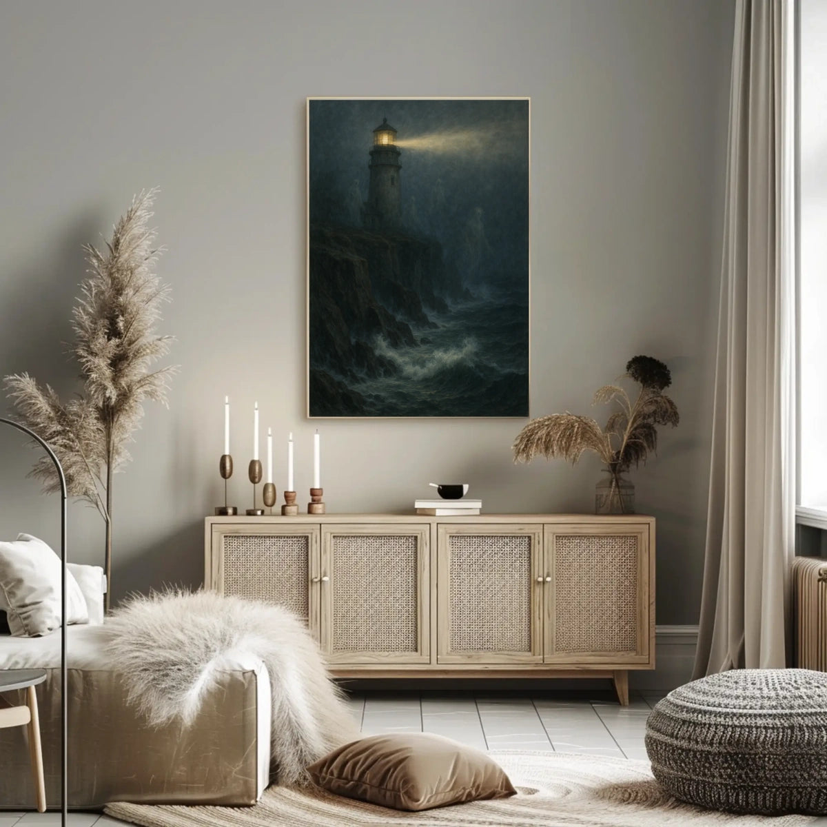 Lighthouse Mystery Eerie Coastal Night Artful Expressionism Moody Seashore Beacon Poster