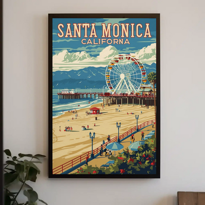 Santa Monica Pier Ferris Wheel Coastal Beach Travel Poster