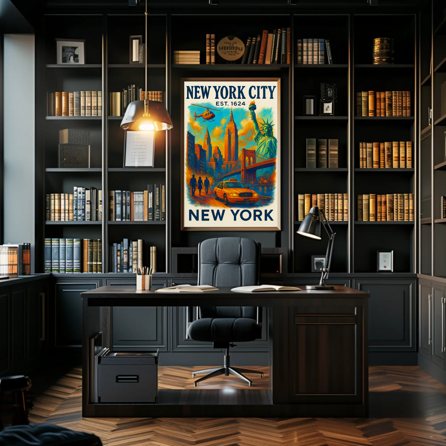 New York City Skyline Taxi Liberty Vintage Travel Poster