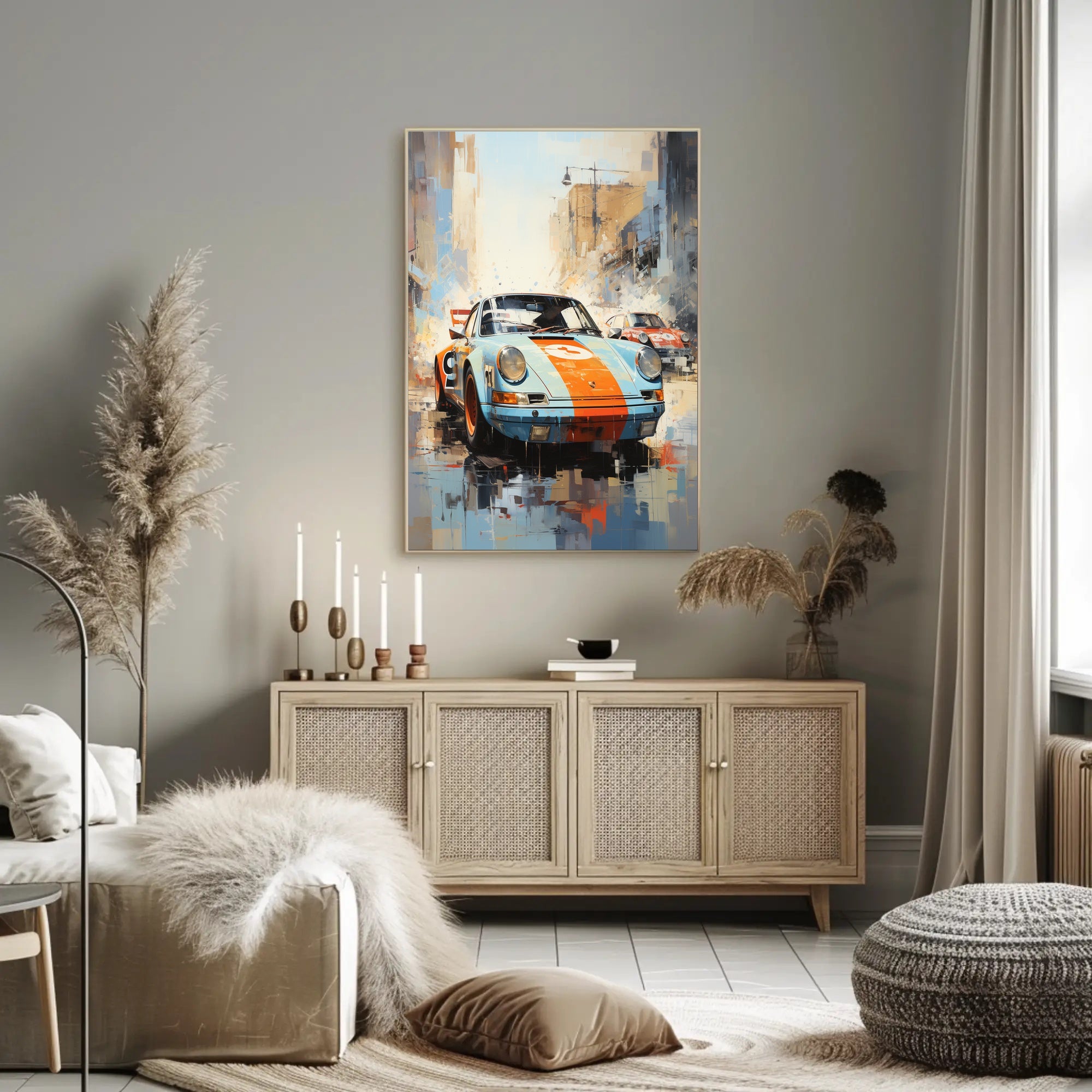 Vintage Racing Cars in Urban Setting Sports Poster