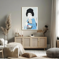 Portrait of Elegance: Traditional Japanese Woman in Blue Kimono Poster
