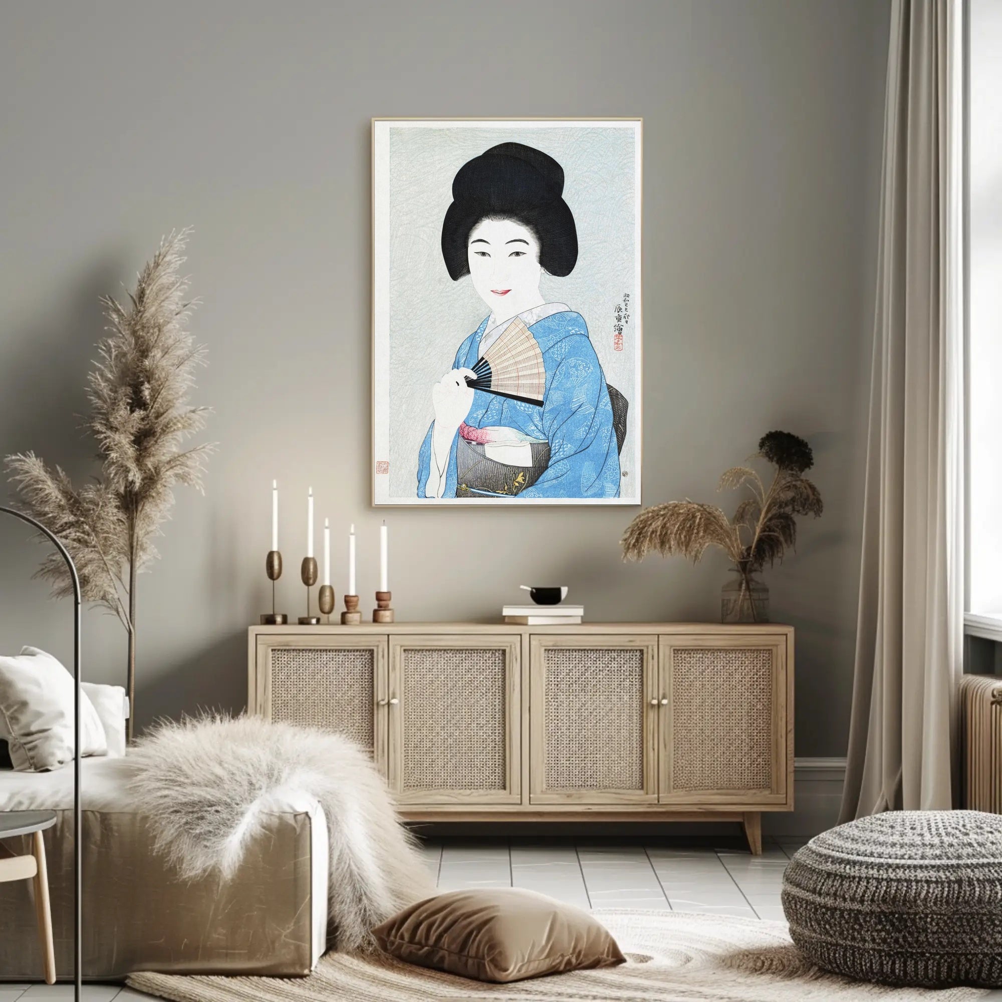 Portrait of Elegance: Traditional Japanese Woman in Blue Kimono Poster