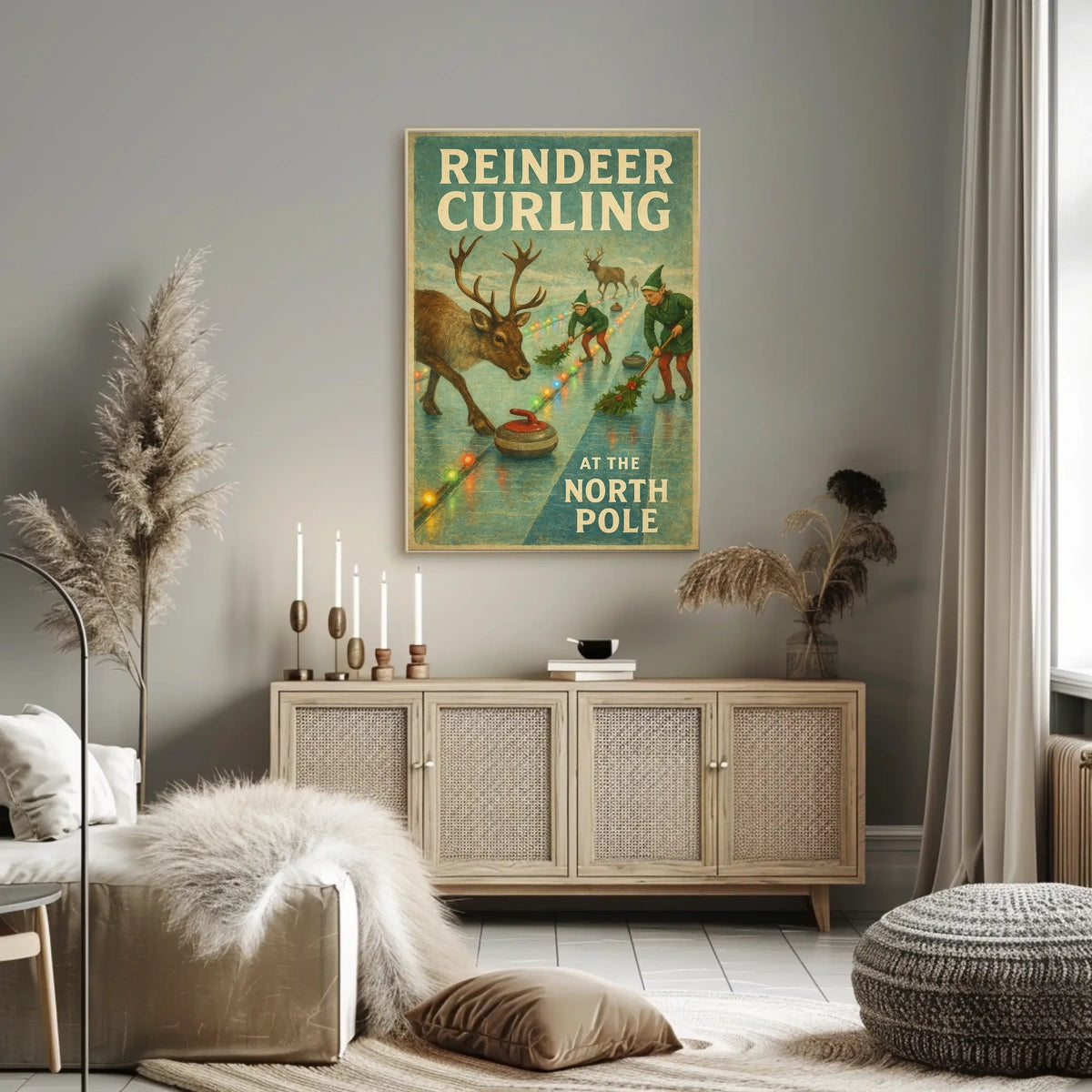 Reindeer Curling at the North Pole Poster