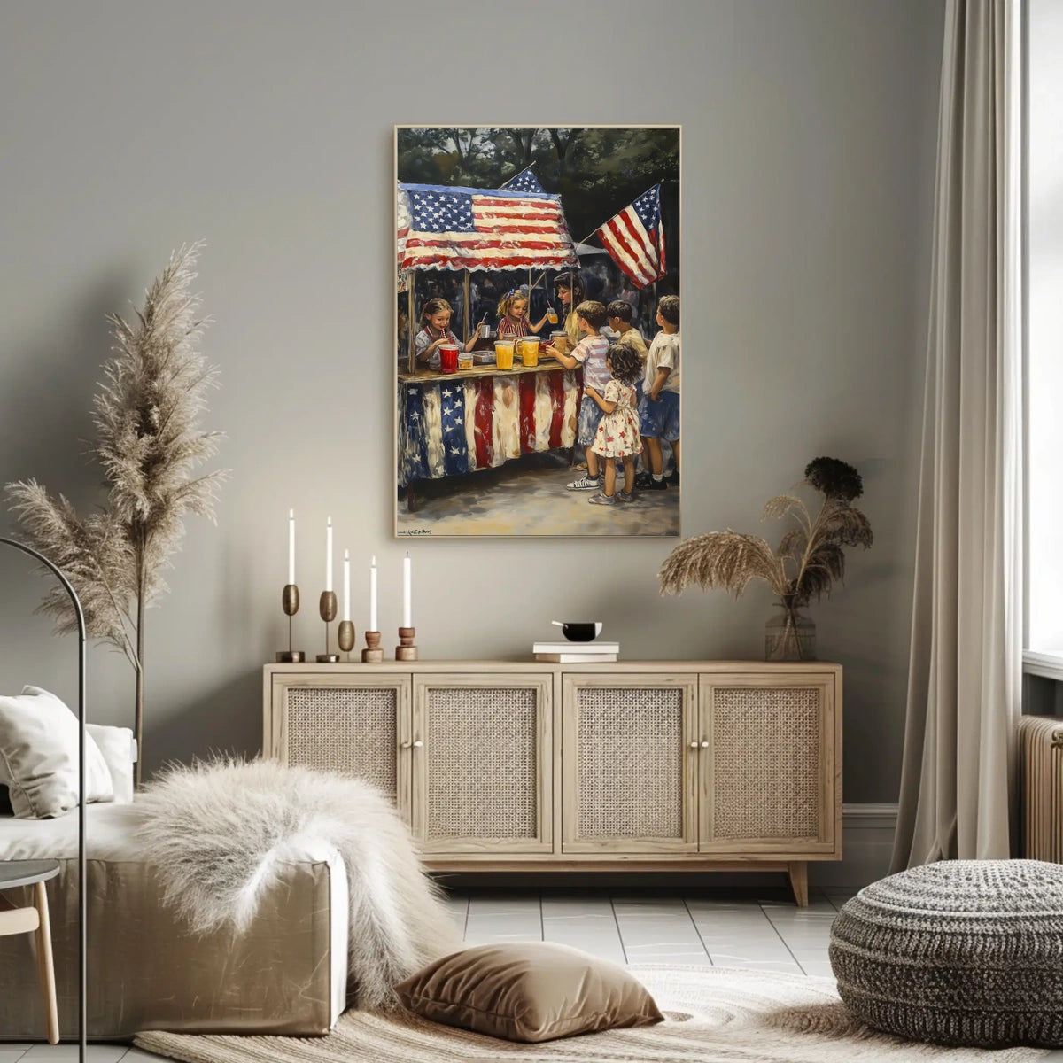 Whimsical American Flag Lemonade Stand Scene Poster