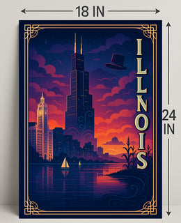 Illinois Skyline at Sunset: Captivating Travel Poster