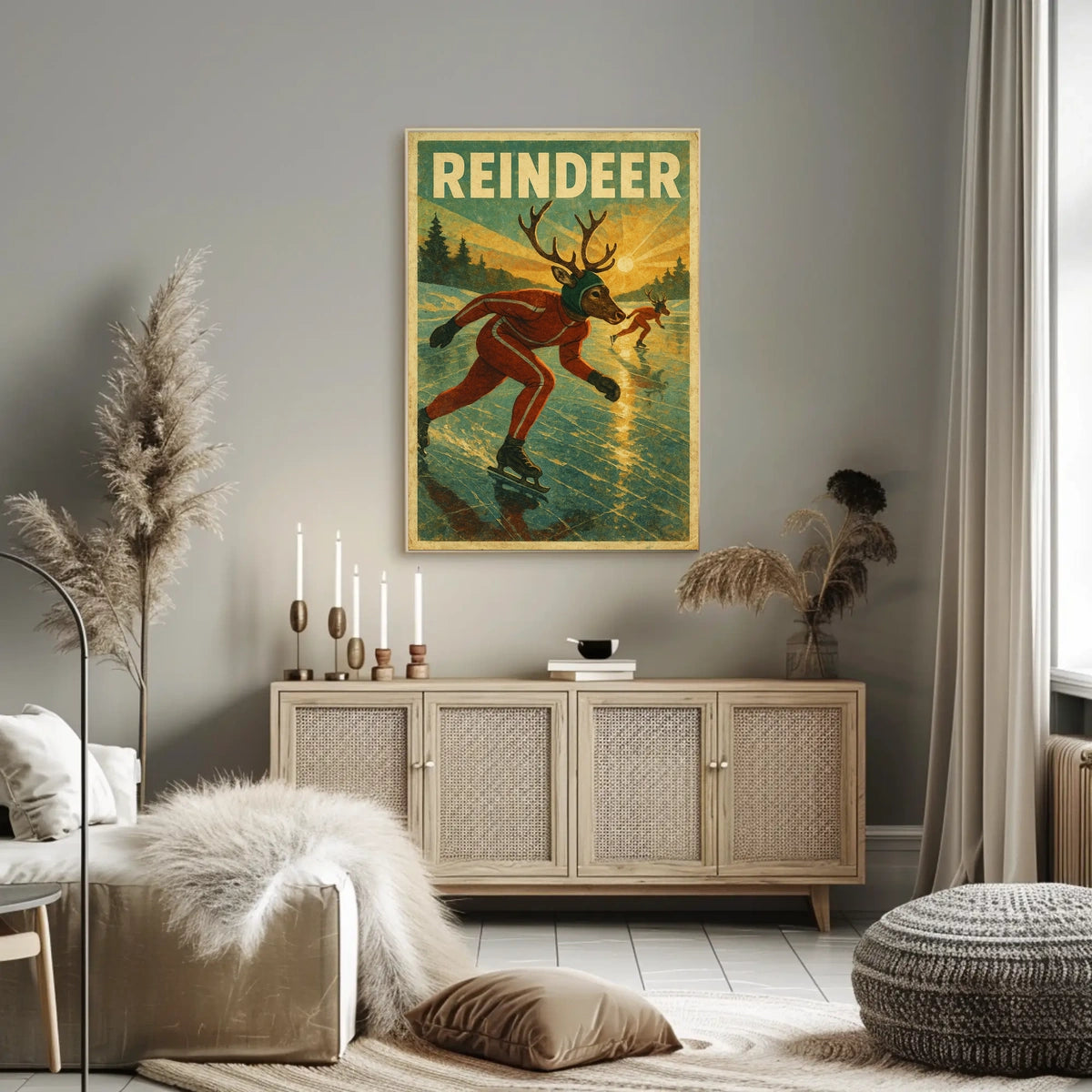 Surreal Reindeer Ice Skating Fantasy Artistic Poster